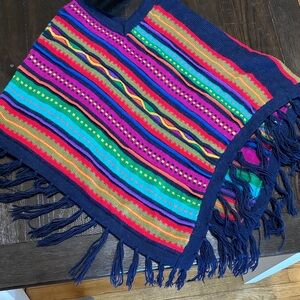 Colorful Striped Knit Poncho with Fringe